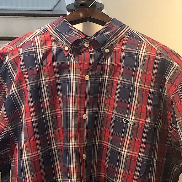 VINEYARD VINES Navy Red Plaid Button Down Shirt w Button Collar & Cuffs Sz LARGE - Picture 7 of 12